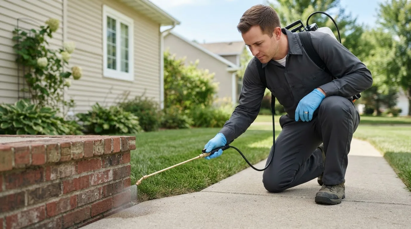 Pest control technician treating a home near Saint Clair, MN