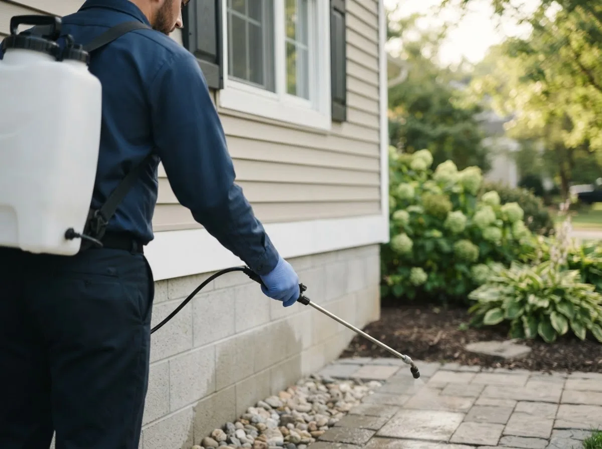 Pest control technician inspecting a home in Saint Clair, MN